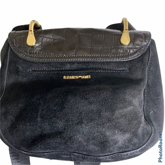 Elizabeth and James Zoe Croc‎ Embossed Leather Saddle Crossbody Bag Black - Picture 2 of 13